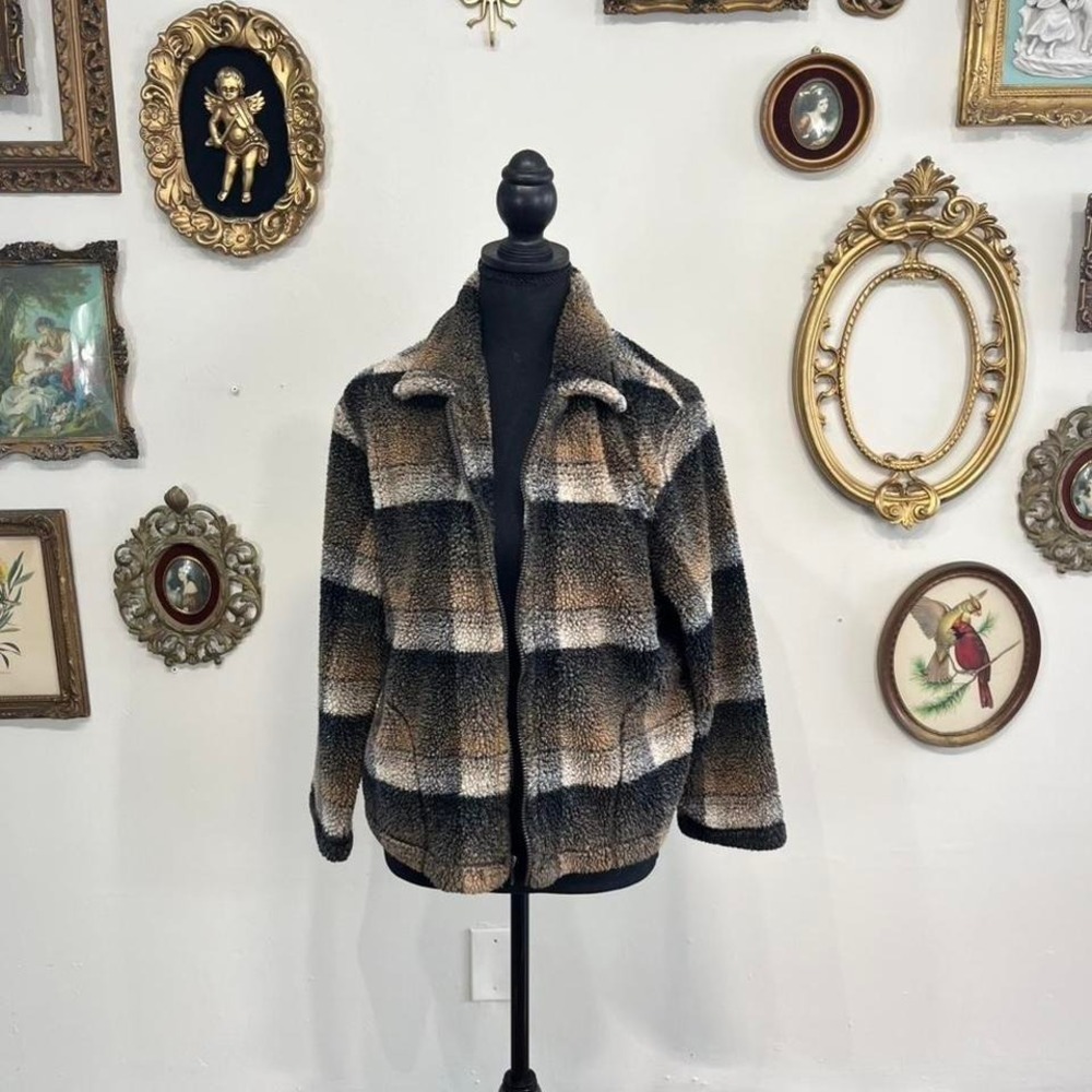 IVY Plaid‎ Sherpa Fleece Zip Up Jacket Size S Brown Black Cream
